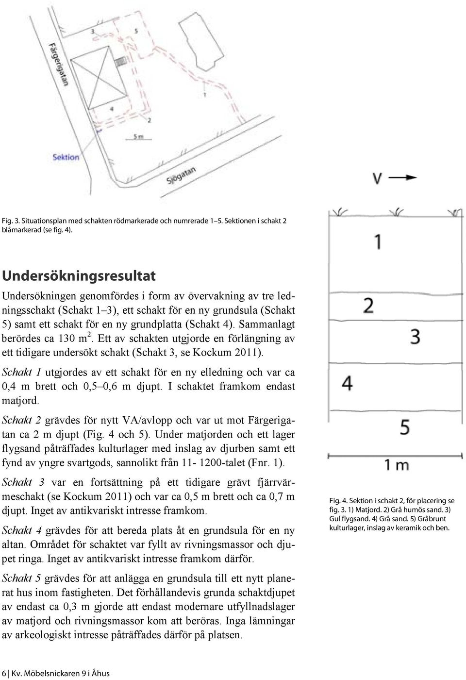 Sammanlagt berördes ca 130 m 2. Ett av schakten utgjorde en förlängning av ett tidigare undersökt schakt (Schakt 3, se Kockum 2011).