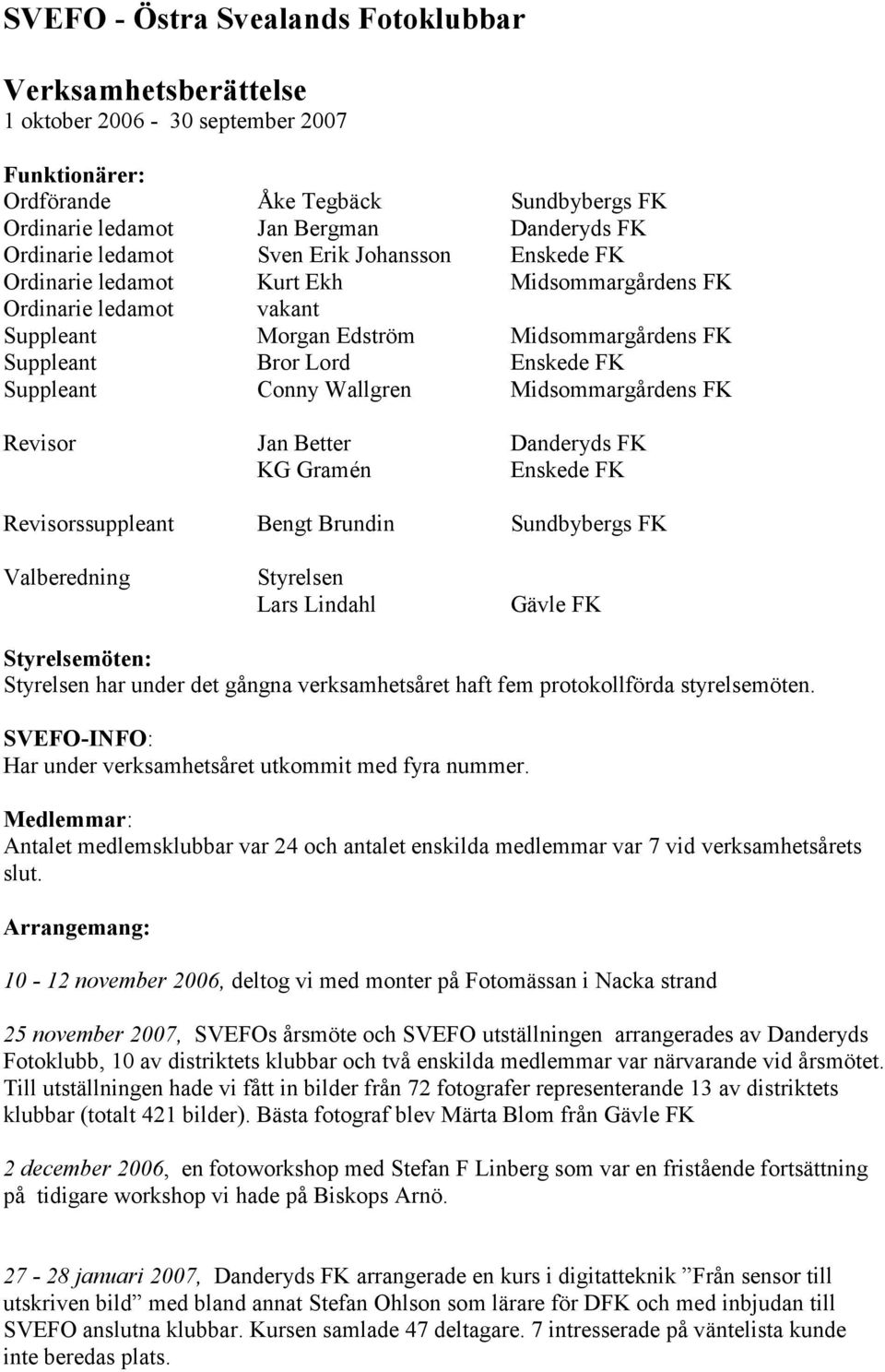 Conny Wallgren Midsommargårdens FK Revisor Jan Better Danderyds FK KG Gramén Enskede FK Revisorssuppleant Bengt Brundin Sundbybergs FK Valberedning Styrelsen Lars Lindahl Gävle FK Styrelsemöten: