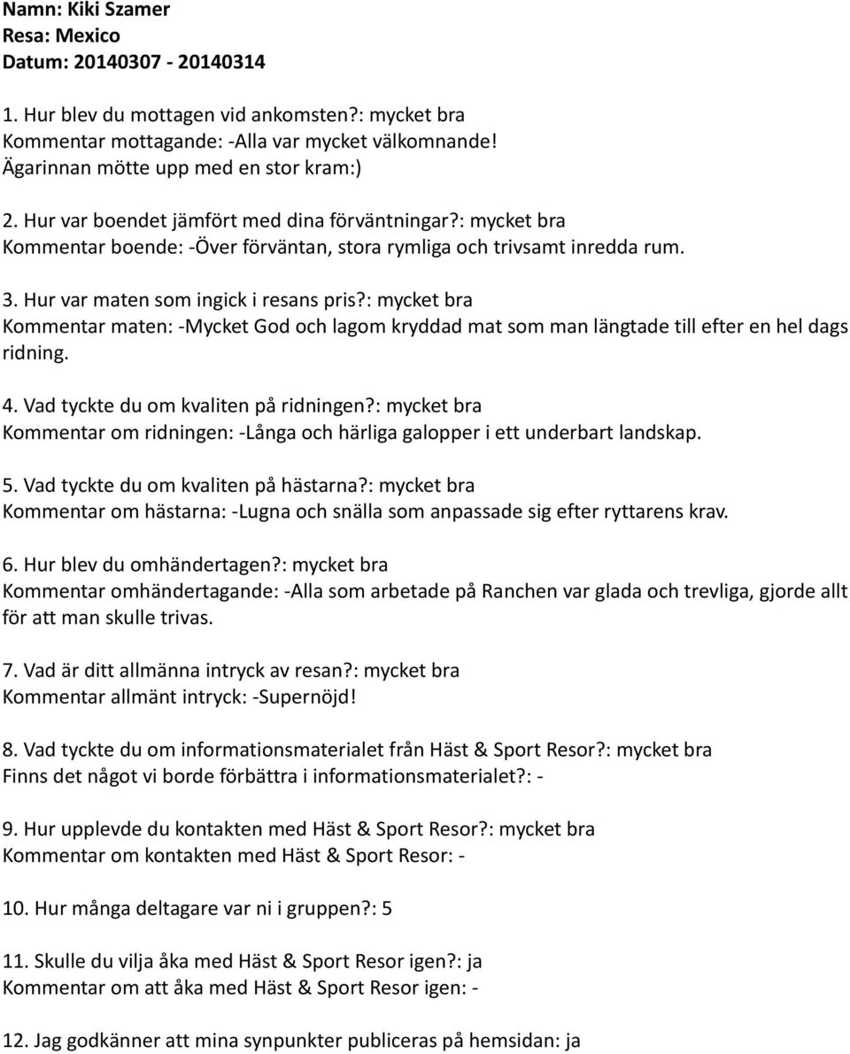 Kommentar maten: -Mycket God och lagom kryddad mat som man längtade till efter en hel dags ridning. Kommentar om ridningen: -Långa och härliga galopper i ett underbart landskap.