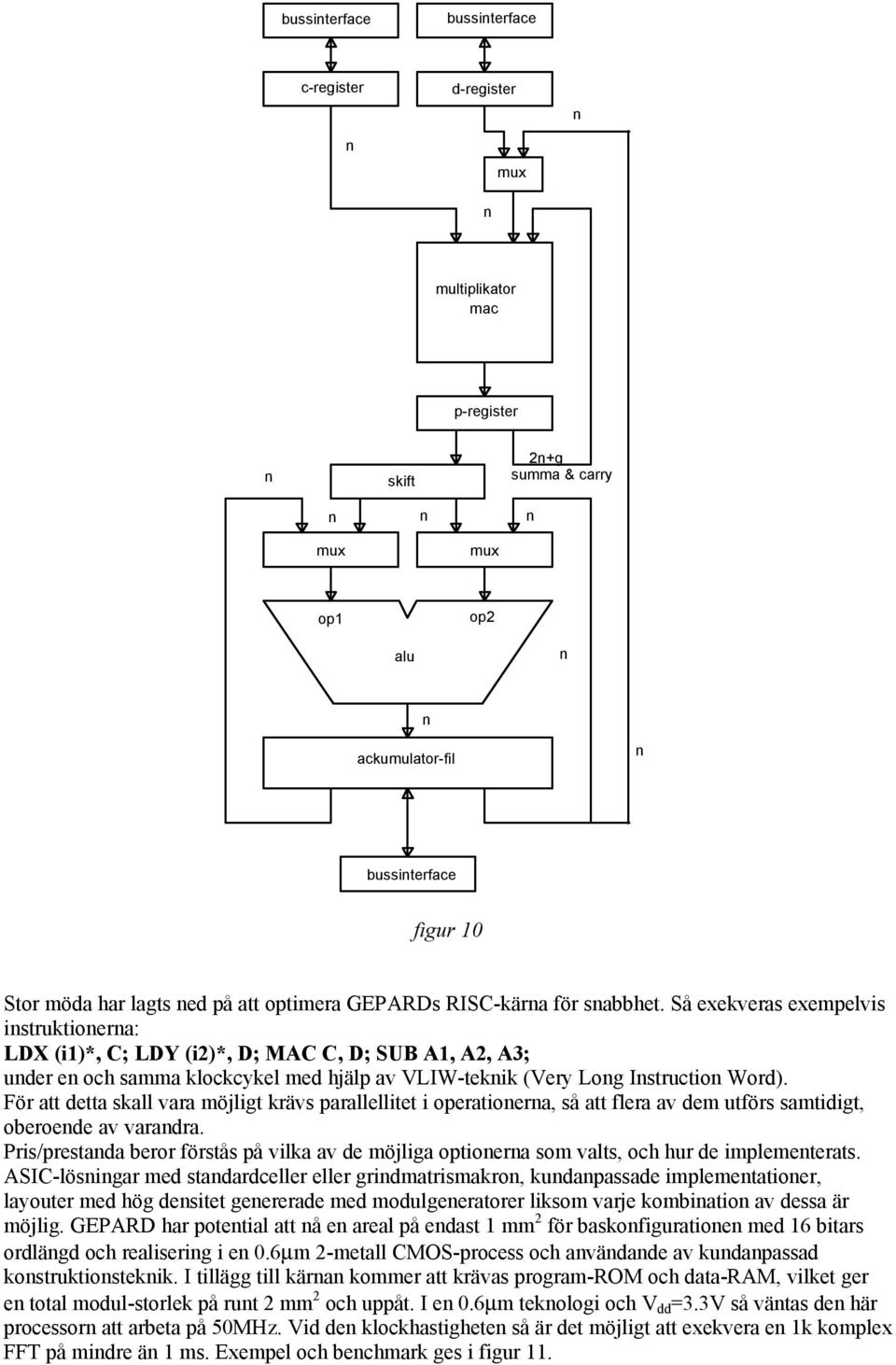 Så exekveras exempelvis istruktioera: LDX (i1)*, C; LDY (i2)*, D; MAC C, D; SUB A1, A2, A3; uder e och samma klockcykel med hjälp av VLIW-tekik (Very Log Istructio Word).