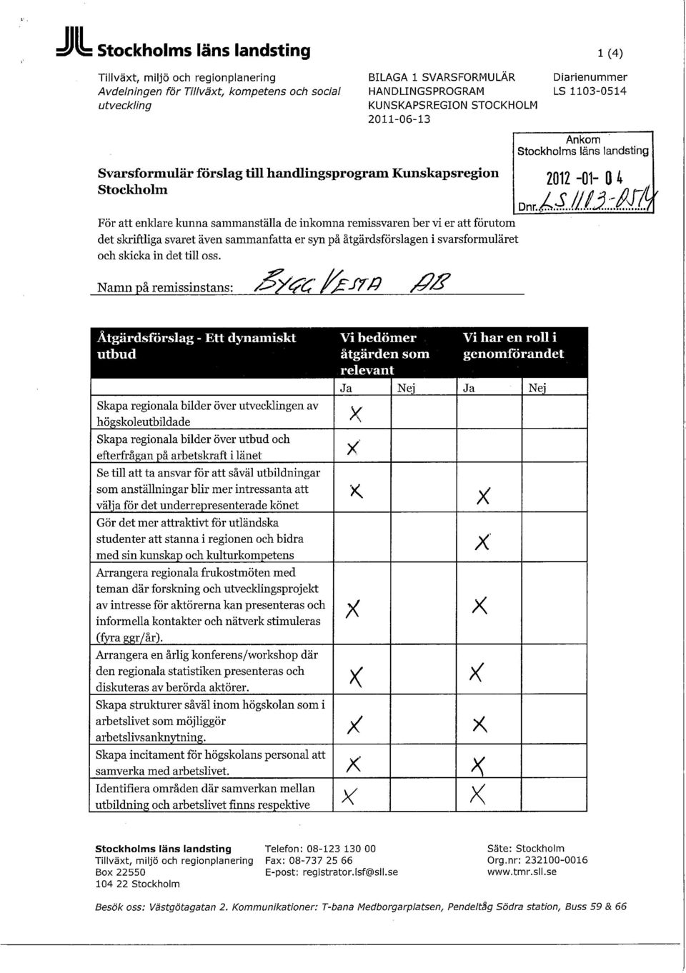 åtgärdsförslagen i svarsformuläret och skicka in det till oss. Namn på remissinstans: Ankom Stockholms läns landsting 2012-01- 0 4 Dnr. LLIJ.