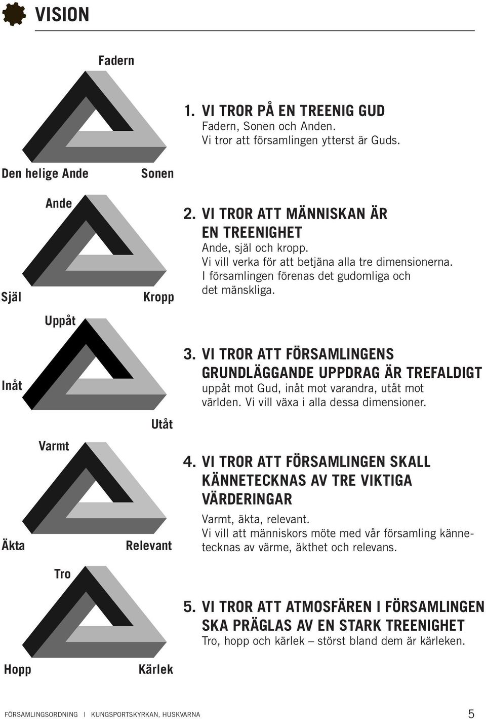 Vi tror att församlingens grundläggande uppdrag är trefaldigt uppåt mot Gud, inåt mot varandra, utåt mot världen. Vi vill växa i alla dessa dimensioner. Utåt Varmt 4.