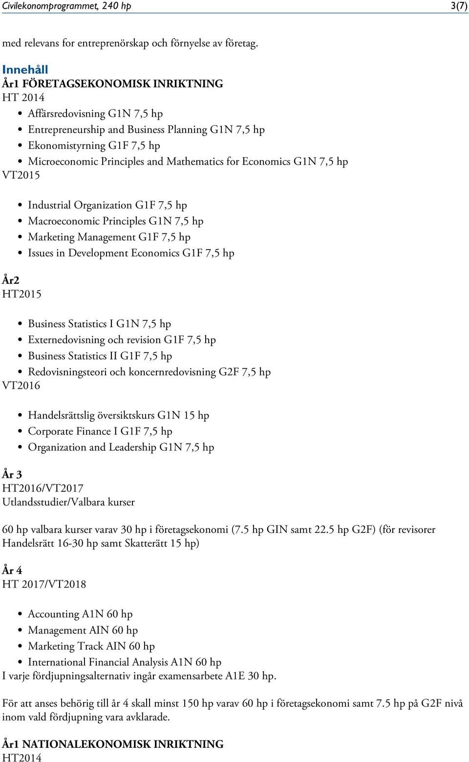 Principles and Mathematics for Economics G1N 7,5 hp Industrial Organization G1F 7,5 hp Macroeconomic Principles G1N 7,5 hp Marketing Management G1F 7,5 hp Issues in Development Economics G1F 7,5 hp