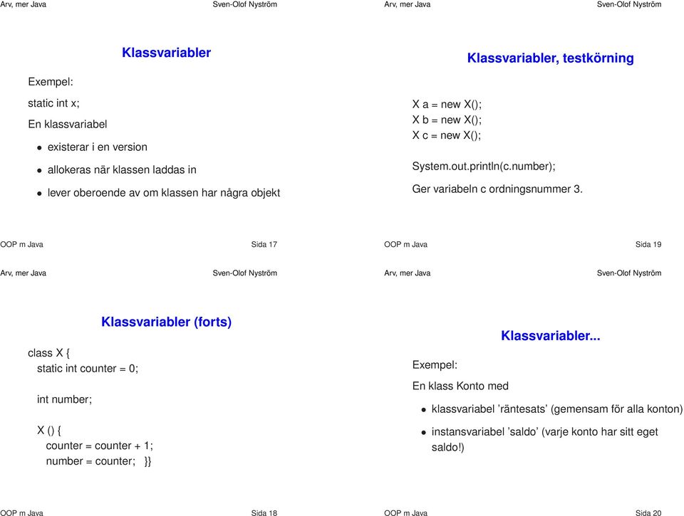 OOP m Java Sida 17 OOP m Java Sida 19 class X { static int counter = 0; int number; X () { counter = counter + 1; number = counter; Klassvariabler (forts)