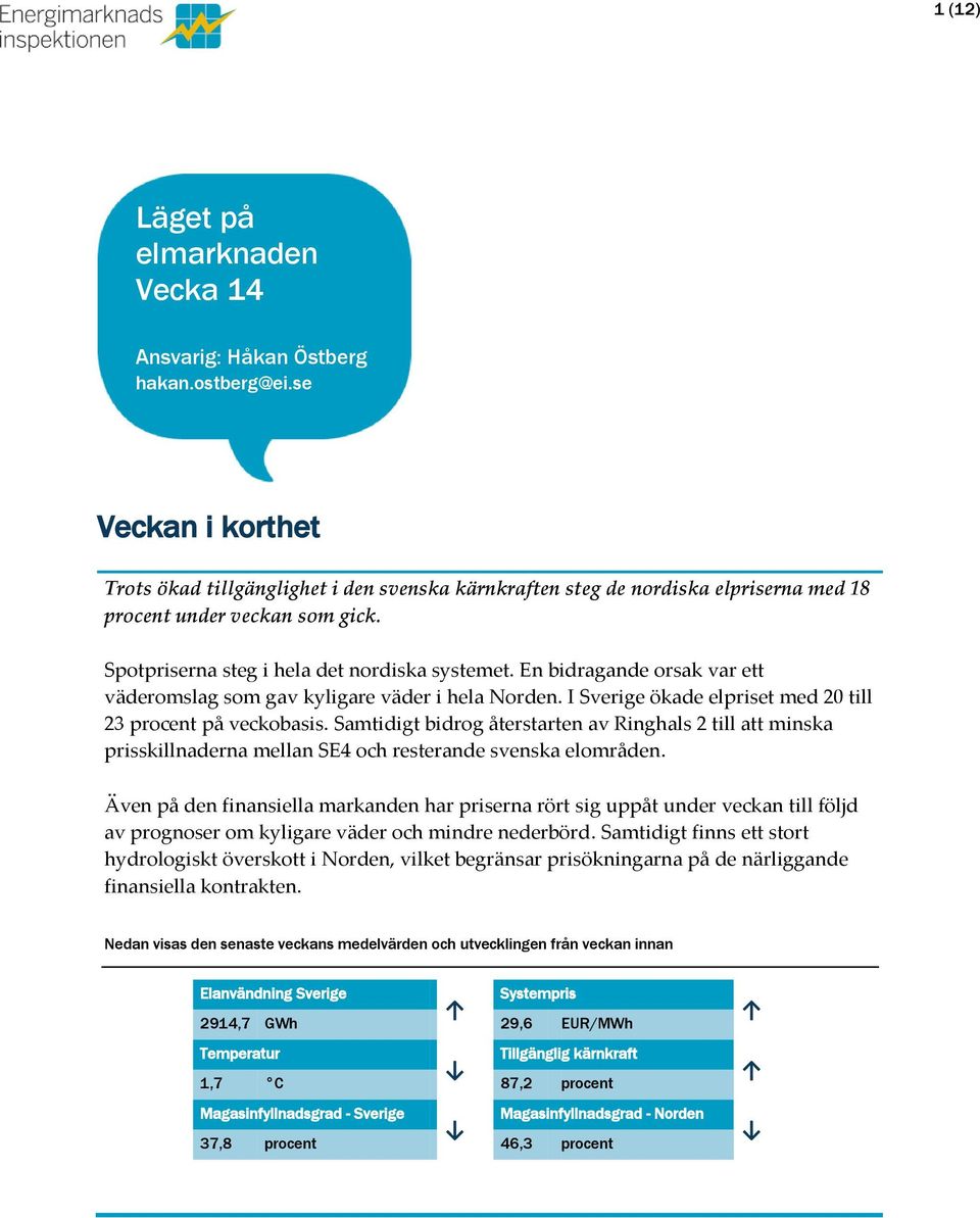 En bidragande orsak var ett väderomslag som gav kyligare väder i hela Norden. I Sverige ökade elpriset med 2 till 23 procent på veckobasis.