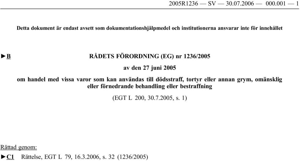 innehållet B RÅDETS FÖRORDNING (EG) nr 1236/2005 av den 27 juni 2005 om handel med vissa varor som kan