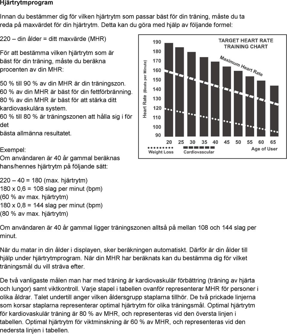 % av din MHR är din träningszon. 60 % av din MHR är bäst för din fettförbränning. 80 % av din MHR är bäst för att stärka ditt kardiovaskulära system.