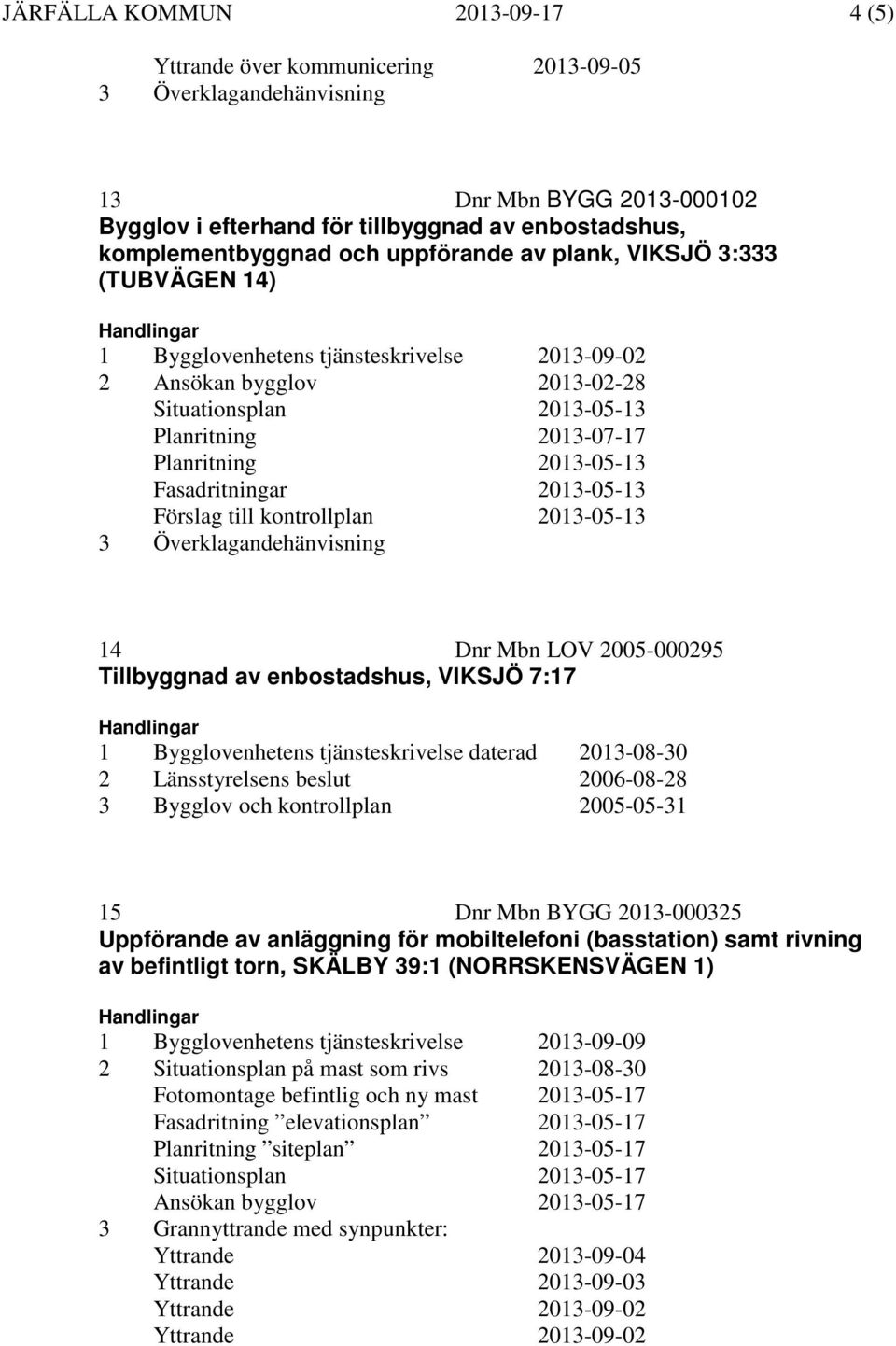 Förslag till kontrollplan 2013-05-13 14 Dnr Mbn LOV 2005-000295 Tillbyggnad av enbostadshus, VIKSJÖ 7:17 1 Bygglovenhetens tjänsteskrivelse daterad 2013-08-30 2 Länsstyrelsens beslut 2006-08-28 3