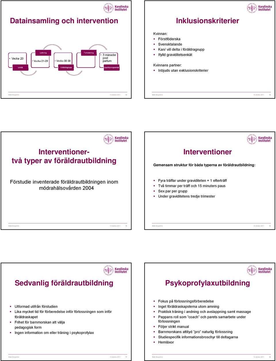 inom mödrahälsovården 2004 Fyra träffar under graviditeten + 1 efterträff Två timmar per träff och 15 minuters paus Sex par per grupp Under graviditetens tredje trimester Malin Bergström 15 Malin