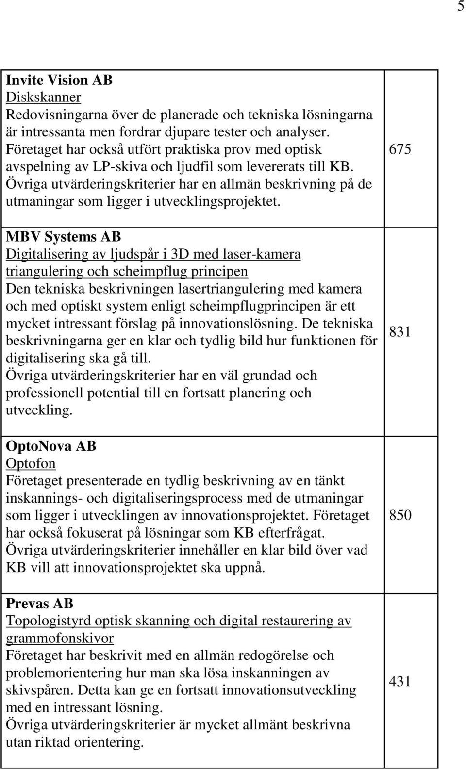 Övriga utvärderingskriterier har en allmän beskrivning på de utmaningar som ligger i utvecklingsprojektet.