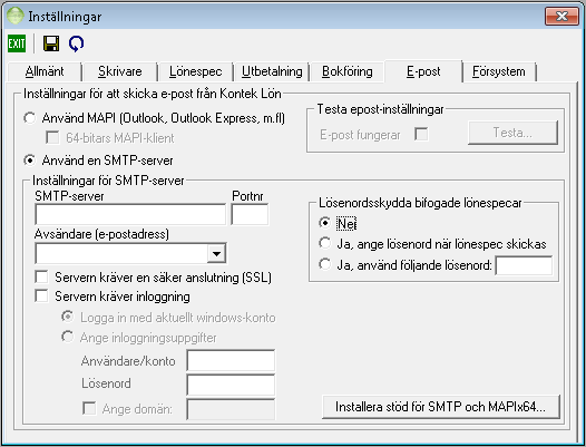 Installation av Kontek Lön vid datorbyte 10 (10) Inställningar för de som har tilläggsmodul för att skicka lönespecifikationer via E-post - Markera Använd en SMTP-server och gör de inställningar som