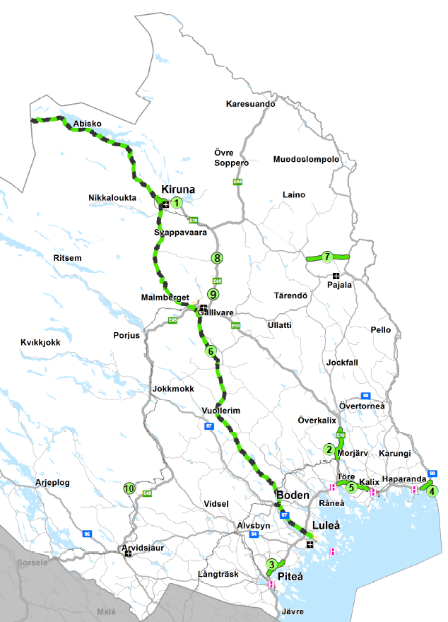 Namngivna åtgärder Norrbotten, Nationella transportplanen 2014-2025 Järnväg Byggstart (år) ERTMS Luleå-Riksgränsen (Narvik) (2018) Malmbanan, ökad kapacitet (pågår) Malmbanan, bangårdsförlängningar