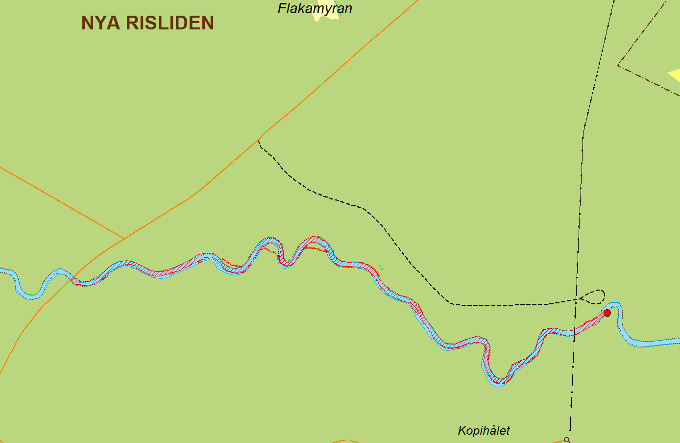 Figur 7: Återställd sträcka uppströms Bjurbäck 2016 inklusive sidofåror Den vattensatta ytan i området ökade med cirka 9 % efter åtgärden vilket