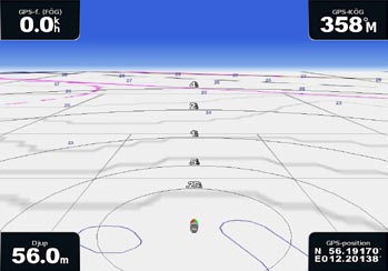 Sjökort och 3D-sjökortsvyer Perspektiv 3D Perspektiv 3D ger ett fågelperspektiv över och bakom båten (baserat på din kurs) som ett visuellt navigationshjälpmedel.