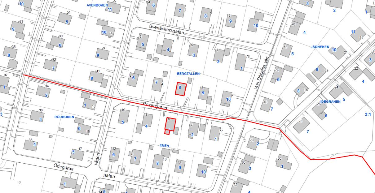 2.1 Fastigheterna Enen 3 och Bergtallen 8 Figur 1 Ledningssträcka 1 i Torsred (röd sträcka avser redovisad profil) Nedan redovisas beräknad maximal trycklinje för ledningssträcka 1 med fastigheterna