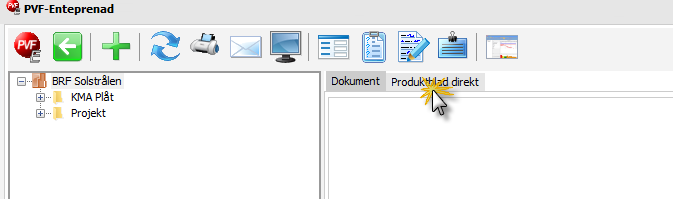 Produktblad direkt Programmet har en inbyggd koppling till Produktblad direkt. För att komma åt funktionerna som Produktblad direkt kan erbjuda öppnar du ett projekt så att du står i dokumentdelen.