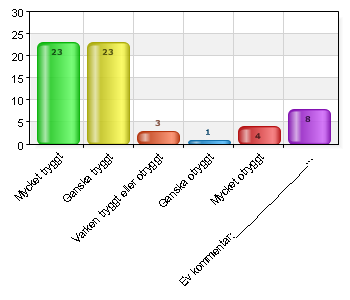 2. Har du stöd och /eller hjälp av kommunen? Ja 4 7,4 Nej 50 92,6 Total 54 100 3. Hur tryggt känns det för dig att bo hemma?