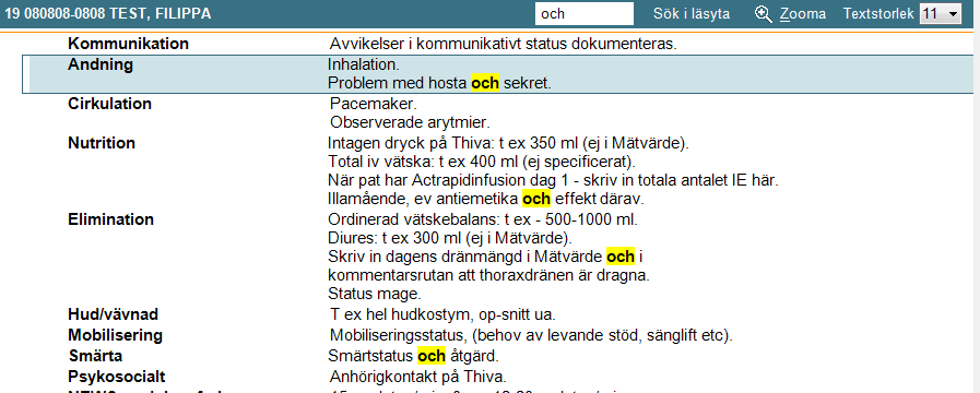 Melior 218 Grund/Grund/Dok.modulen Förbättrad sökfunktion inne i dokumentationsmodulen (Sök i läsyta).