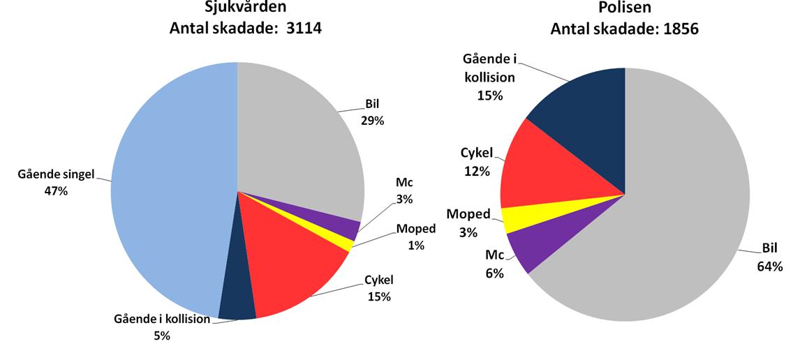 Den största skillnaden mellan polisens och sjukhusens statistik är fördelning mellan trafikantgrupperna. Enligt sjukhusen är majoriteten av de skadade gående.