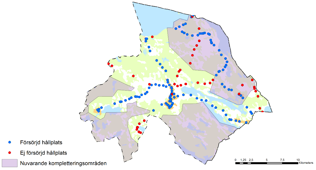 Figur 8. Nuläge i Trosa kommun. Vingåker I Vingåkers kommun finns hållplatser som med ny definition inte anses försörjda, främst i södra och nordöstra delarna.