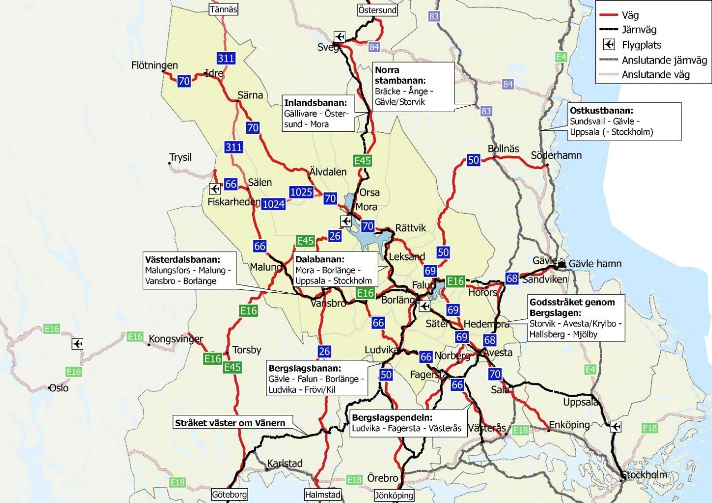 Figur 1. Utpekade funktionella gods- och persontrafikstråk Dalastrategin som utgångspunkt Denna regionala systemanalys är en politiskt förankrad utvecklingsstrategi för länets transportsystem.