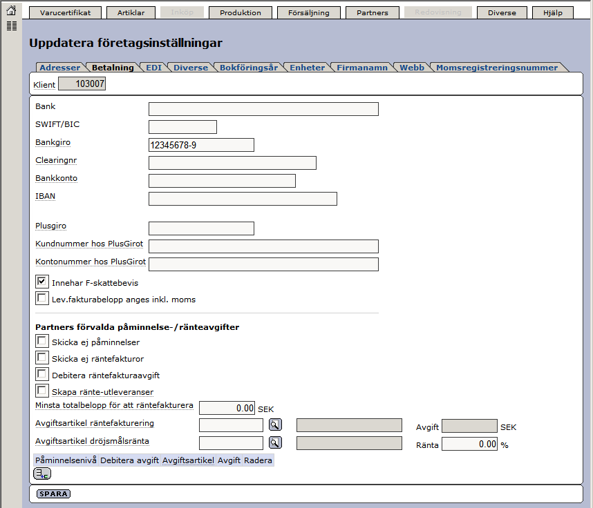 Senast uppdaterat: 2011-07-02 Introduktion till Exder Sida 19 av 61 7.2 Fliken Betalning Vi byter nu flik till Betalning. Bank: Här anger ni den bank ni använder er av.