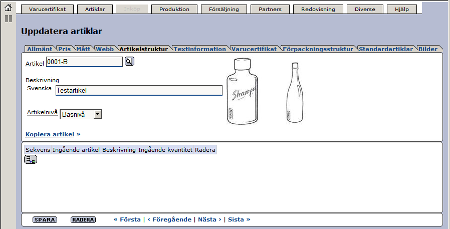 Senast uppdaterat: 2011-07-02 Introduktion till Exder Sida 48 av 61 11.1.5 Fliken Artikelstruktur Vi byter nu flik till Artikelstruktur. Sekvens: I vilken sekvens som artikeln produceras.