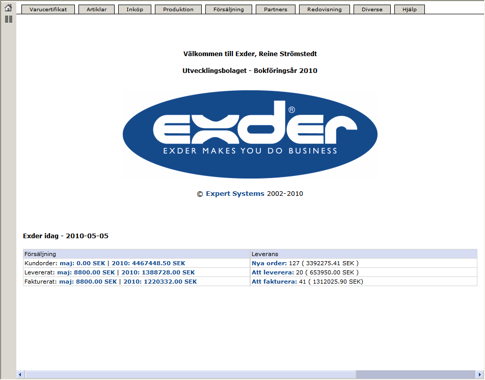 Senast uppdaterat: 2011-07-02 Introduktion till Exder Sida 5 av 61 När ni loggat in i Exder visas denna sida: Detta är Exders startsida och ni kan se de olika tillgängliga menyerna upptill på sidan.