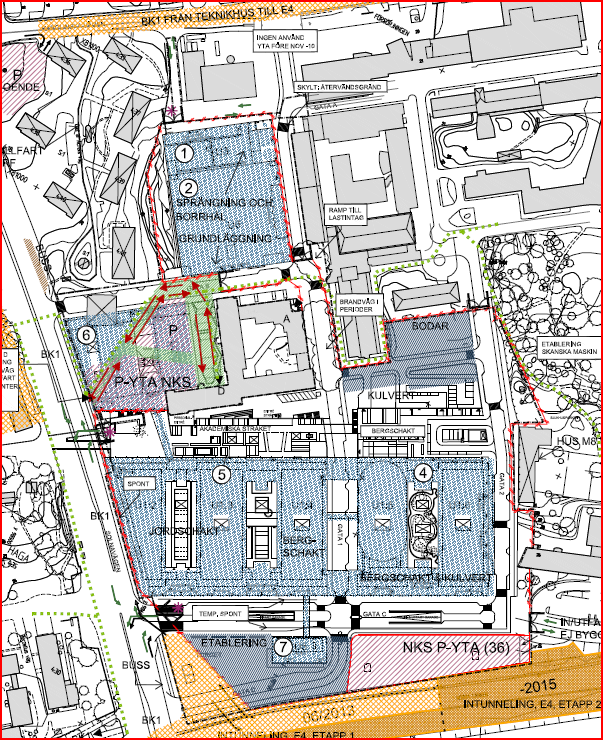 5.4 Utryckningstransporter Arbetsområdet ligger i direkt anslutning till ett sjukhusområde. Det absolut förbjudet att blockera tillfartsvägar till sjukhuset. 5.