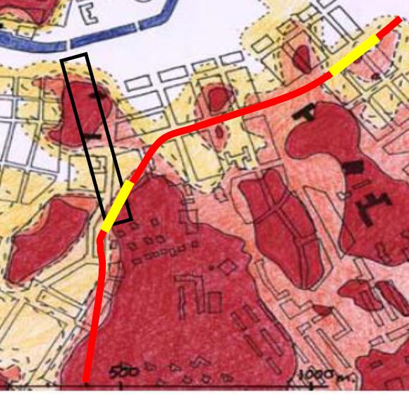 Fig: Vasalänken förbi Västlänkens Hagastation (Röd linje=vasalänkens bergtunnel, Gul= Stationer, Svart kontur=hagastationen, Mörkröd kontur=berg i