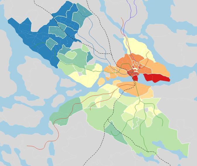 Södra Djurgården Gamla Stan Östermalmstorg, Karlavägen Övriga Norrmalm Östra Östermalm Vallhallavägen Vasastaden Villagatan, Lärkstaden Gärdet Kungsholmen Stadshagen Lilla Essingen Södermalm