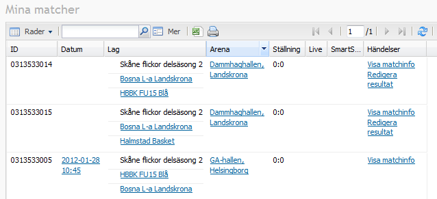 1.3 Sammanställning över matcher Du kommer då till en sammanställning över föreningens hemma- och bortamatcher, samt även matcher där föreningen endast är arrangör och inte själv deltar, till exempel