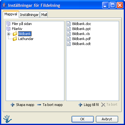 6.5 Fildelning 6.5.1 Användningsområde Med modulen fildelning kan man dela med sig av sina filer och mappar på webbplatsen.