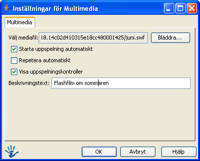 6.9 Multimedia 6.9.1 Användningsområde Multimediamodulen används för att visa multimedia som tex Flash, Streaming video osv på webbsidan. Multimediamodulen stödjer formaten.avi,.asf,.mp4,.mov,.ram,.