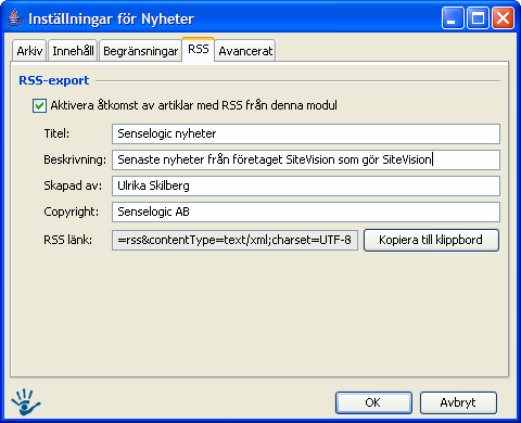Aktivera åtkomst av artiklar via RSS: Om den interna nyhetsfunktionen ska exponeras som en RSS-kanal så att andra webbaserade nyhetssystem kan hämta nyheter från den.