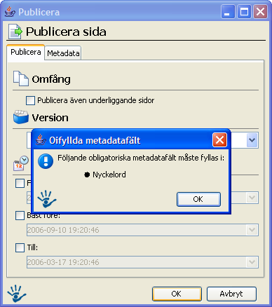 Nedan visas ett exempel på hur det kan se ut och vilka metadatafält som man kan använda: En röd asterisk ( * ) innebär att fältet är obligatoriskt, dvs det måste fylla i för att sidan skall bli