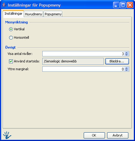 4.9 Popup-meny 4.9.1 Användningsområde Popup-menyn skapar en dynamisk popup-meny som kan öppnas antingen vertikalt (från vänster till höger) eller horisontellt (uppifrån och ner).