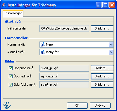 4.11 Trädmeny Trädmeny med standardbildinställningar. Trädmeny med bildinställningar 4.11.1 Användningsområde Trädmenyn används för att skapa dynamiska navigationsmenyer på webbplatsen.