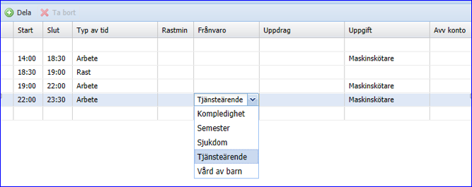 Hur ändrar jag den aktuella tiden? Om du ser att det är fel Typ av tid som skapats, så kan du direkt på den aktuella tiden byta typ av tid. Du behöver då inte korrigera själva registreringen.