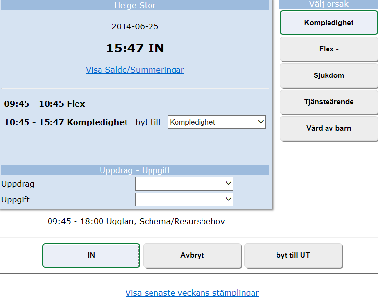 Olika typer av korrigeringar Om du har glömt att stämpla för dagen Om du har glömt att stämpla, måste du justera dina stämplingar manuellt. Klicka på Ny. Skriv in tiden och klicka på Spara.