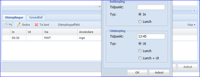 Om du har glömt att stämpla in för dagen Om du har glömt att stämpla in för dagen så kan du inte stämpla ut. Den enda stämpling du kan få registrerad är en instämpling.