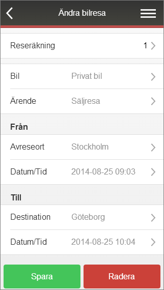 Flex HRM Travel Användarmeddelande (september 2014) 15 Lägg till eller ändra bilresa När du väljer Lägg till bilresa eller du väljer en befintlig bilresa kommer du till en vy där du kan mata in