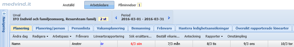Planeringen Det är i planeringen som medarbetarens planerade arbetstider läses upp. Du ser samtliga personer som förekommer på respektive enhet under den valda perioden.