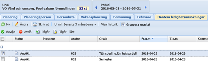 Godkännande av rapporterade lönearter Markera fliken Översikt rapporterade lönearter. Du får upp all löneartsrapportering för ditt urval.