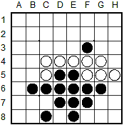 46.D8! 47.H8 48.G7 49.H1? Svart väljer mellan att kunna ta A1 om vit spelar B1 och att vända och stabilisera fem vita brickor på sjunde raden. 49.G1 var två brickor bättre, partidraget tappar till -8.