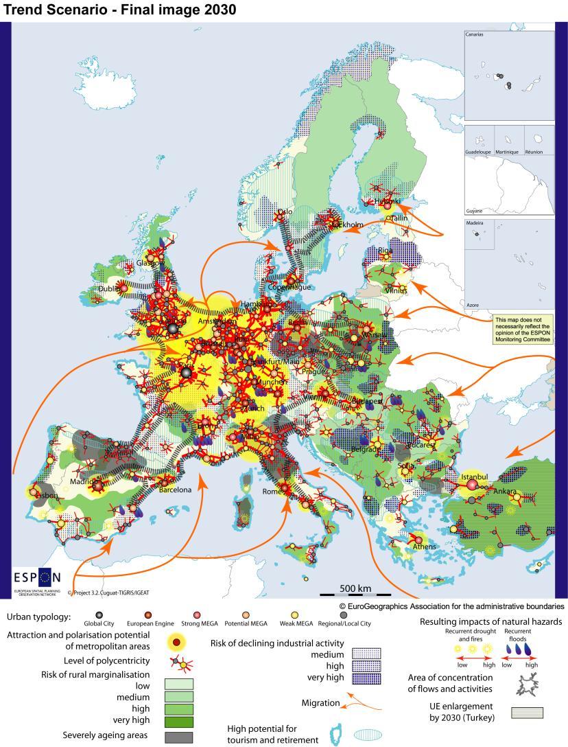 integration through transport corridors Marginalisation of some rural Declining activities in industrial regions with low or intermediate technologies inre och Increasing yttre