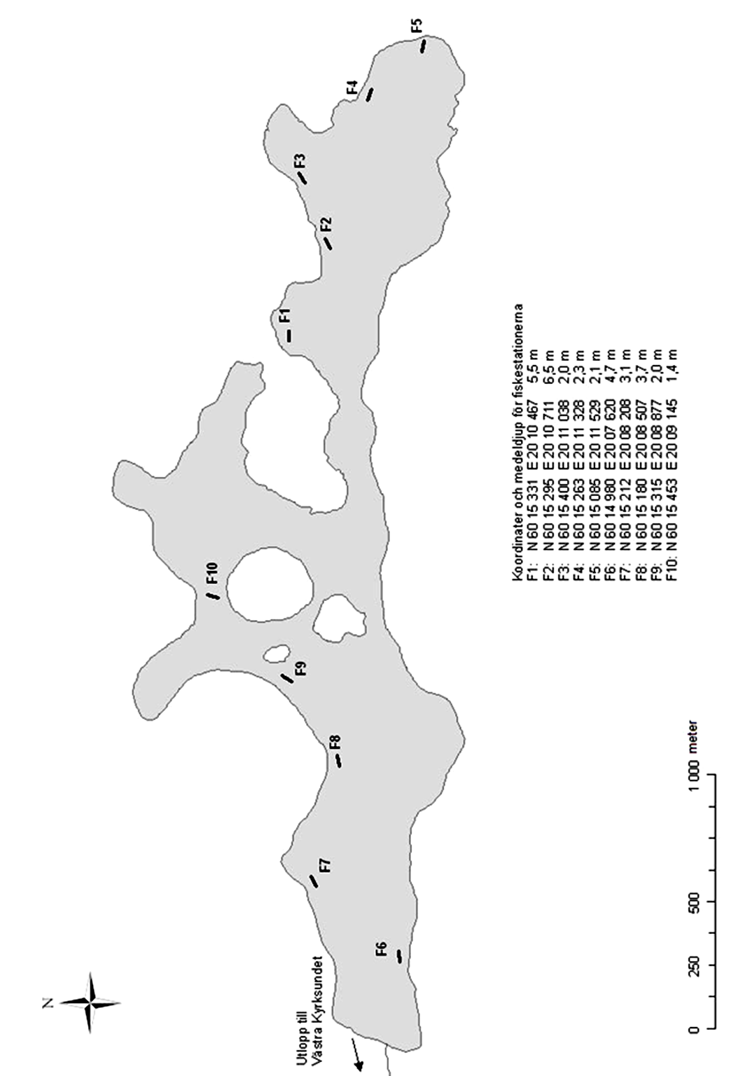 12 Fiskestationernas koordinater och medeldjup F1: N 6 15 355 E 2 1 32 4,6 m F2: N 6 15 37 E 2 1 69 5,5 m F3: N 6 15 388 E 2 1 999 1,9 m F4: N 6 15 25 E 2 11 362 2,5 m F5: N 6 15 197 E 2 11 461 3,9 m