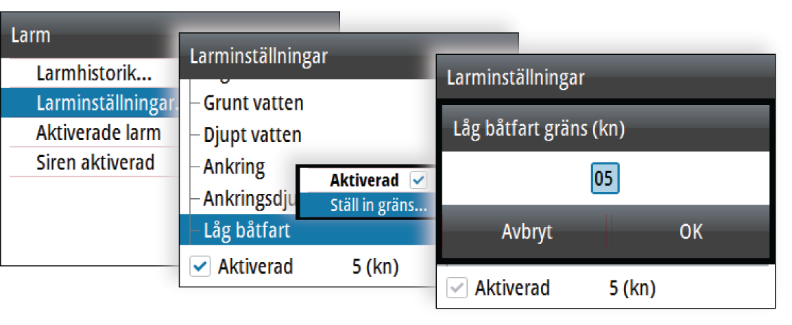 Ú Notera: Ett larm som mottas från icke Navico-enheter i nätverket måste bekräftas på enheten som genererade larmet.