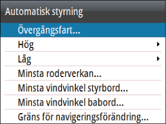 Om Relativ vindvinkel är 60 : Vindläget använder Relativ vindvinkel. Om Relativ vindvinkel är > 60 : Vindläget använder Sann vindvinkel. - Relativ - Sann VMG-optimering: Optimera VMG efter vinden.