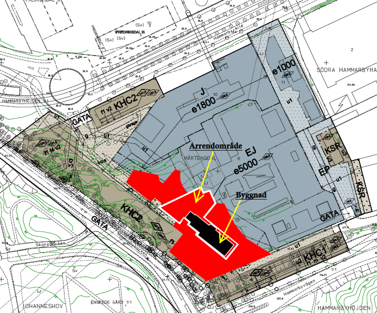 Exploateringskontoret Dnr E2015-01194 Sida 3 (5) Detaljplan för kv Mårtensdal (illustration) med arrendeområdet och angränsande mark markerat Staden har sagt upp arrendatorn för avflyttning till